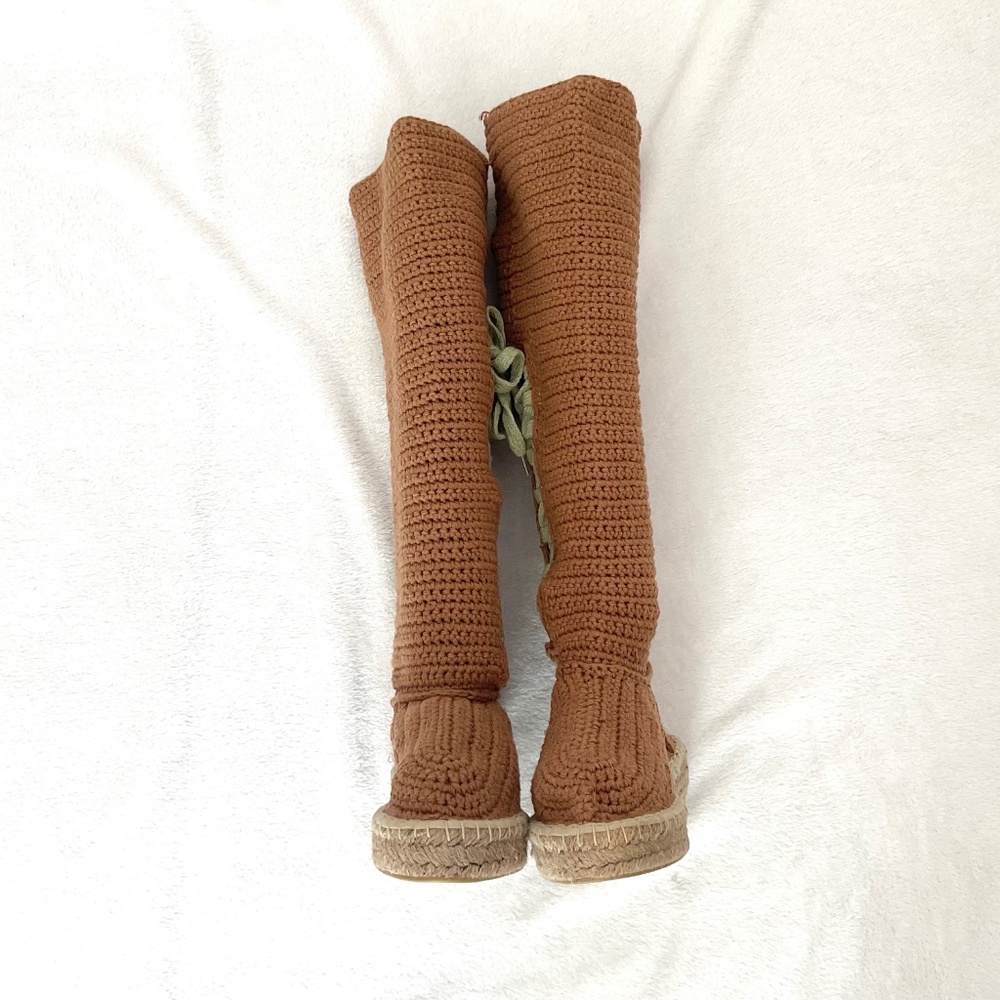 LIVS Crochet Knee High Espadrille Boots Tan Lace Up Boho Cottagecore Size 7 - Picture 13 of 15